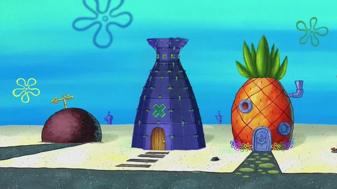 A picture of houses from the TV show Spongebob Squarepants, except Squidward's home is the VCT EMEA trophy upside-down.