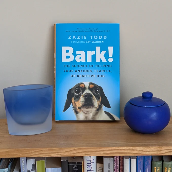 A copy of the book Bark! The Science of Helping Your Anxious, Fearful, or Reactive Dog on some bookshelves. The book has a Chihuahua looking up and a blue background. One one side of the book is a blue glass vase, and on the other a round blue pot with a lid. The tops of some books are visible on the shelf below.