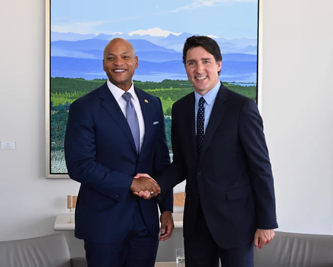 Governor Wes Moore shakes hands with Prime Minister Justin Trudeau