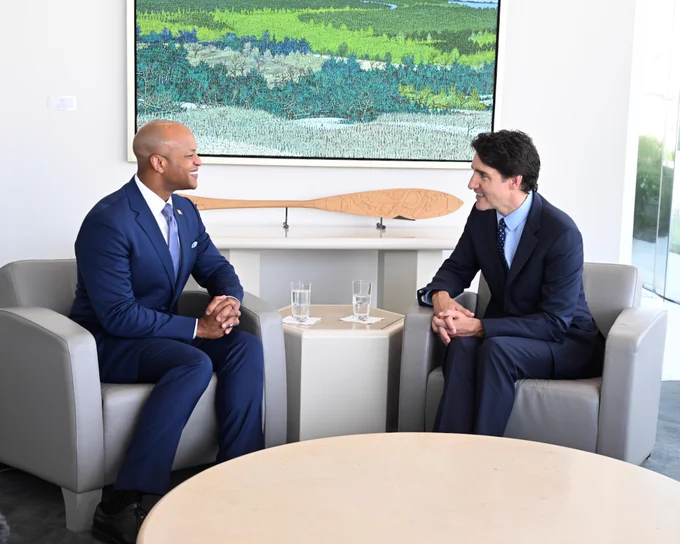 Governor Wes Moore speaks with Prime Minister Justin Trudeau