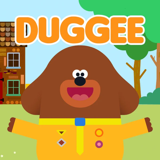 Hey Duggee standing in front of the clubhouse with his name in bold orange above his head
