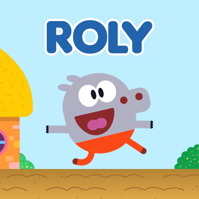 Roly standing in front of his house with his name in bold blue above his head