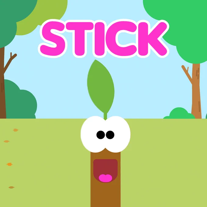 Stick standing in front of the woods with their name in bold pink above their head