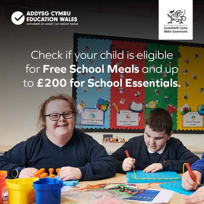 Text reads: Check if your child is eligible for Free School Meals and up to £200 for School Essentials.