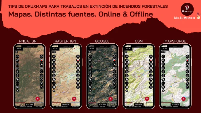 Las distintas fuentes de mapas nos proporcionan una resolución cartográfica de imagen o topográfica para interpretar lo que tenemos por delante en un incendio forestal. Fuentes cómo:
✔️PNOA y IGN
✔️GOOGLE
✔️OSM (OpenStreetMap)
✔️Librería de mapas offline Mapsforge
Entre otras.🌍