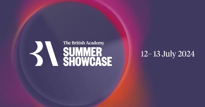 A purple background with a halo of pink and orange surrounds the British Academy logo, with the words 'Summer showcase' on it. On the right hand side, the words '12-13 July 2024' are written in white. 