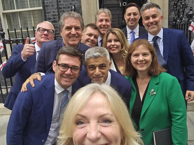 A selfie taken by Tracy Brabin with the UK Mayors outside 10 Downing Street. 