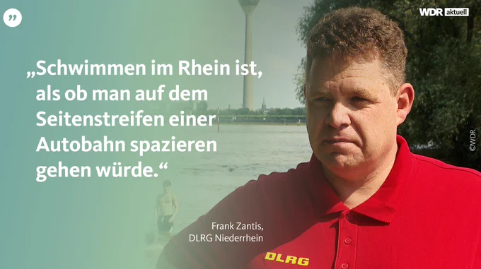 Ein Mann in einem roten Polohemd steht in Düsseldorf am Rhein. Daneben das Zitat: "Schwimmen im Rhein ist, als ob man auf dem Seitenstreifen einer Autobahn spazieren gehen würde."
Frank Zantis, DLRG Niederrhein