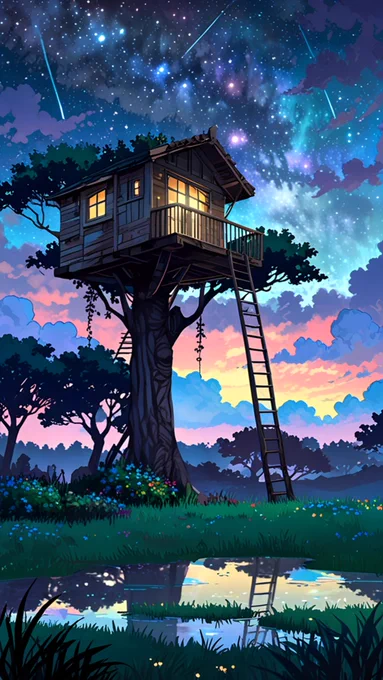 Digital illustration featuring a serene night scene with a traditional wooden treehouse elevated on stilts, nestled beside a large, ancient tree. The treehouse is illuminated warmly from within, casting a soft glow through its windows. The sky is a deep, starry blue with scattered clouds and a few shooting stars, creating a tranquil atmosphere. The foreground includes lush green grass and small flowering plants, adding to the peaceful setting. The overall composition is balanced, with the tree and treehouse as the central focus, framed by the expansive night sky and natural surroundings.