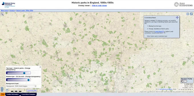 Screen grab showing Historic parks in England map viewer. O.S. 2nd edition 6-inch map with historic parks shown in green. 