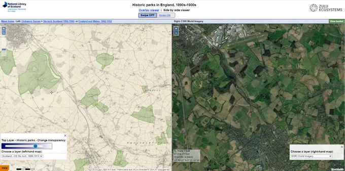 Screen grab showing Historic parks in England map viewer - side by side viewer. Historic map is on the left of the screen and a modern satellite image on the right.