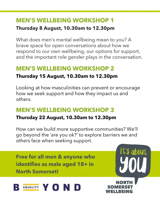 Men’s wellbeing Workshop 1: Thursday 8 August, 10.30am to 12.30pm. What does men’s mental wellbeing mean to you? A brave space for open conversations about how we respond to our own wellbeing, our options for support, and the important role gender plays in the conversation.

Men’s Wellbeing Workshop 2: Thursday 15 August, 10.30am to 12.30pm. Looking at how masculinities can prevent or encourage how we seek support and how they impact us and others.

Men’s Wellbeing Workshop 3: Thursday 22 August, 10.30am to 12.30pm. How can we build more supportive communities? We’ll go beyond the ‘are you ok?’ to explore barriers we and others face when seeking support.

Free for all men & anyone who identifies as male aged 18  in North Somerset!
