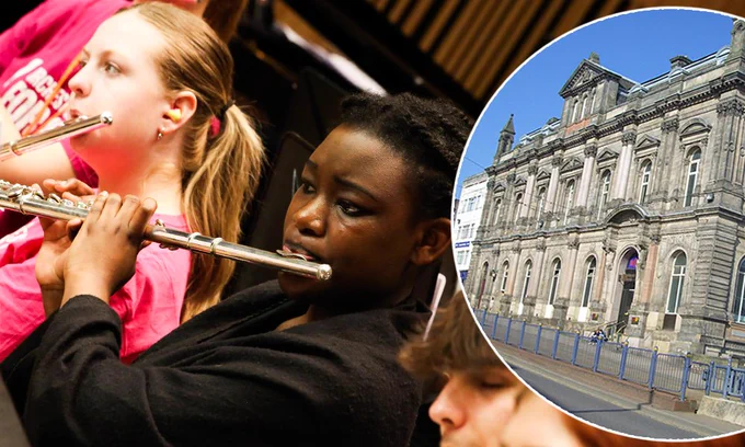A side by side photo of two young musicians playing the flute (left) and an image of Canada House in Sheffield on the right.