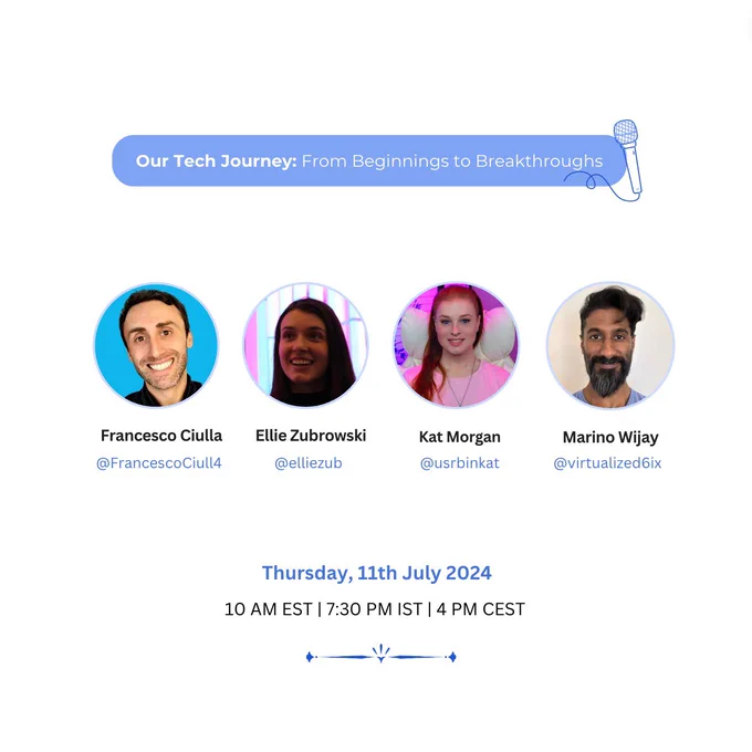 Our Tech Journey: From Beginnings to Breakthroughs
Francesco Ciulla
@FrancescoCiull4
Ellie Zubrowski
@elliezub
Kat Morgan @usrbinkat
Marino Wijay
@virtualized 6ix
Thursday, 11th July 2024
10 AM EST | 7:30 PM IST | 4 PM CEST