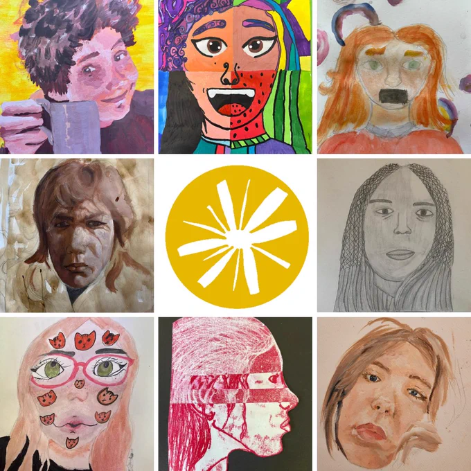 8 Self portraits by club members, accompanied by the Studio Morland logo