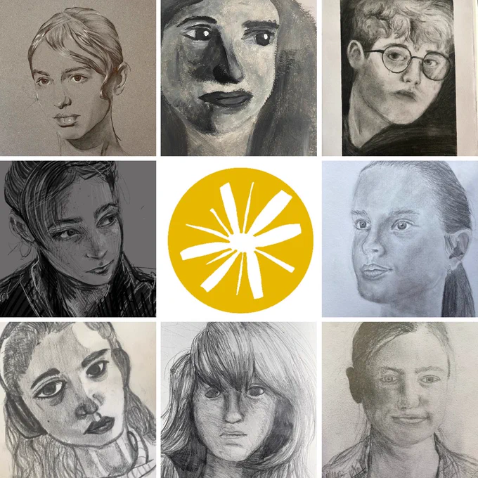 8 Self portraits by club members, accompanied by the Studio Morland logo
