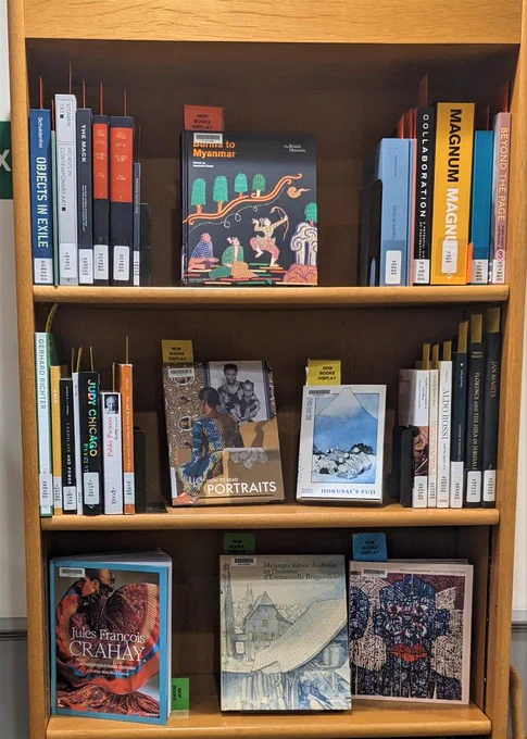 A photo of three shelves of a book case with some covers facing outwards and colourful book spines on display. The central titles are Art History books including How to Read Portraits and Hokusai's Fuji.