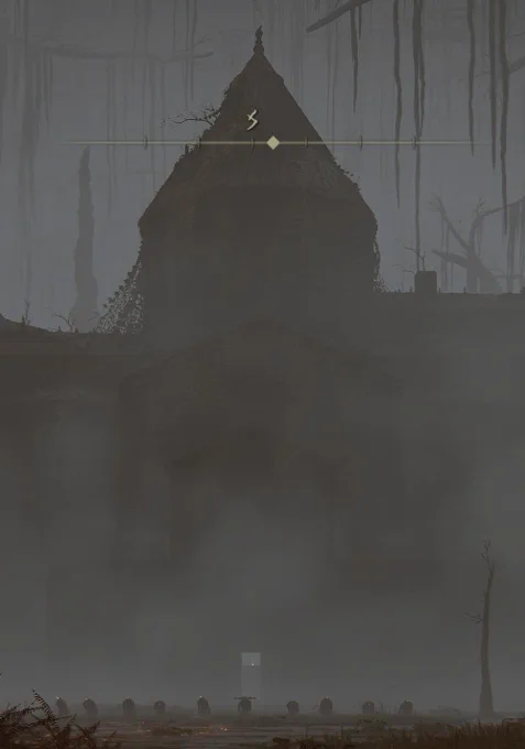 The same manor house, desolate and in bleak mist, surrounded by a swamp. Ten kneeling bodies are seen in a line in front of the manor.