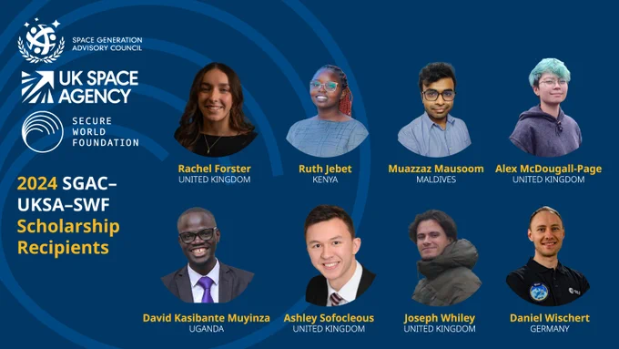 2024 SGAC-UKSA-SWF Scholarship Recipents:

Rachel Forster - United Kingdom
Ruth Jebet - Kenya
Muazzaz Mausoom - Maldives
Alex	McDougall-Page - United Kingdom
David Kasibante - Uganda
Ashley Sofocleous - United Kingdom
Joseph Whiley - United Kingdom
Daniel Wischert - Germany