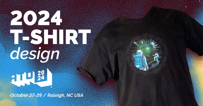 2024 T-Shirt design. ATO 2024. October 27-29 / Raleigh, NC USA. T-shirt is a black shirt with a circular graphic. The graphic shows astro standing in the foreground with several other astros floating towards a green star with radiating light in the background.