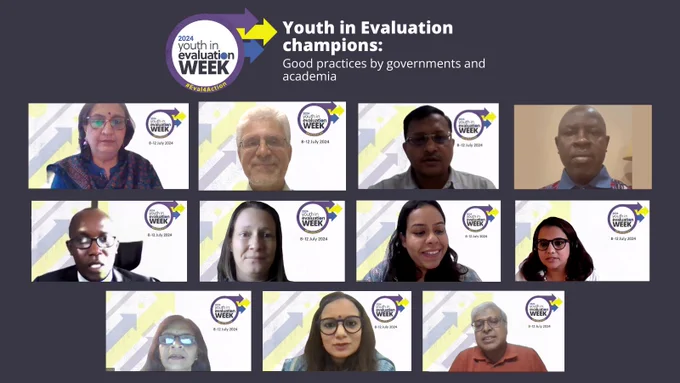 Text reads, “Youth in Evaluation champions: Good practices by governments and academia.” Participants of the virtual meeting in separate frames.

