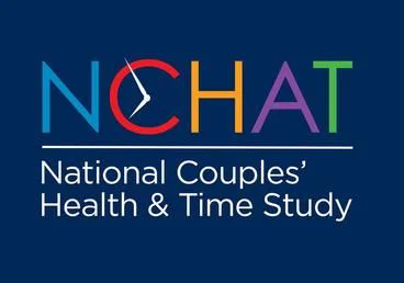 Image of the NCHAT: National Couples’ Health & Time Study logo. NCHAT is in multiple colors with clock hands overlaying the C to suggest a clock. The rest of the text is in white.