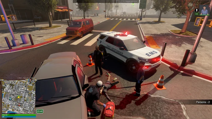 A screenshot from the game Flashing Lights showing the EMS Interceptor SUV arriving at a scene, with a paramedic crouched down by an injured civilian.