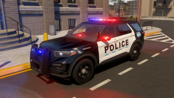 A screenshot from Flashing Lights showing the police Interceptor SUV in a city setting.