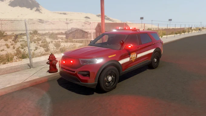 A screenshot from Flashing Lights showing the Fire department Interceptor SUV in a desert town setting.