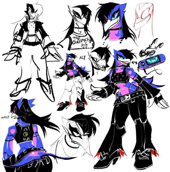 An array of drawings of Victor, including a full-body, various expressions ranging from smug to irritated, and one shot of him from behind, showing an aux port on his backside, and the word BAD emblazoned on his pants' ass for some reason. Victor is also shown to have a form that's just him as an mp3 player. This is because he's a "merch mimic", an entity that can shapeshift into various forms of merchandise. Despite being a toy bird, he can also stand at 7' tall. But he's also a little guy. I love him lots.

One headshot depicts him wearing a shirt that depicts the grinch, labeled as, "THE GRIMCKH". The Grimckh is making that devious face the grinch made. Victor is similarly making the same expression.
