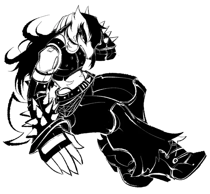 A black and white digital drawing of Victor, sitting pensively, brooding. This one shows him with big high-heeled boots, covered by his torn pant legs. This was ordered as a commission by MrManickin, done by me. Thank you!
