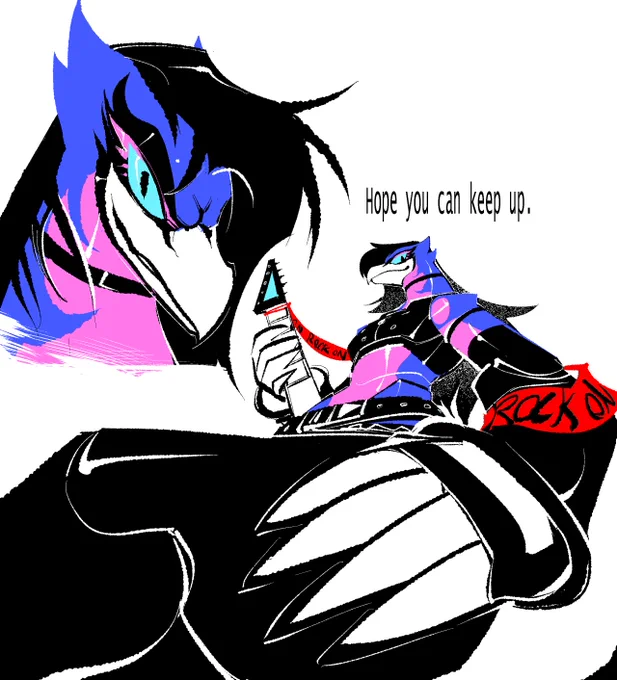 Two drawings of Victor, an anthropomorphic blue toy-bird man that can be most aptly described as "emo punk gay Falco". He's got black hair, blue and purple "feather" patterns, and cyan eyes. He's made of plastic, with a fullbody drawing of him sitting at a low angle, looking down at the viewer smugly. Text reads: "Hope you can keep up."