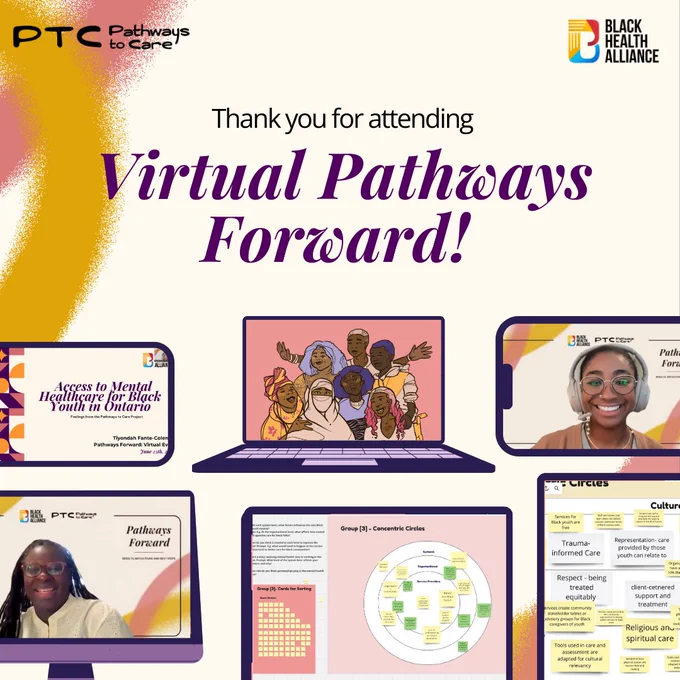 On a beige background the Pathways to Care logo is in the top left corner and the Black Health Alliance logo is in the top right. Below in purple it says Thank you for attending Virtual Pathways Forward! Below that there are 6 laptops and smart phones with screenshots of the presenters and the Miro board activities 