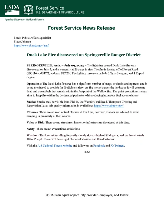 Apache-Sitgreaves National Forests
Forest Service News Release

Forest Public Affairs Specialist
Steve Johnson
https://www.fs.usda.gov/asnf

Duck Lake Fire discovered on Springerville Ranger District
