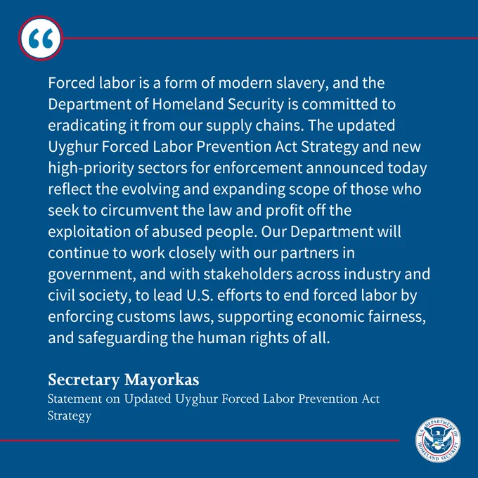 Statement on Updated Uyghur Forced Labor Prevention Act Strategy