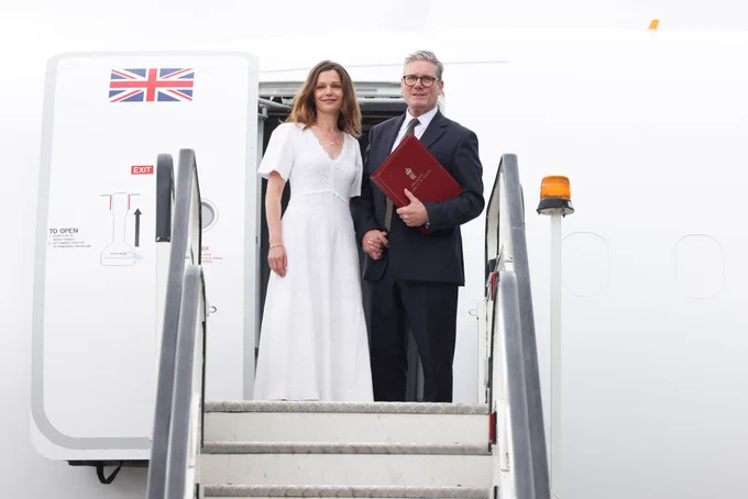 Prime Minister Keir Starmer and his wife Victoria Starmer as they board the plane to head to the NATO Summit in Washington D.C.