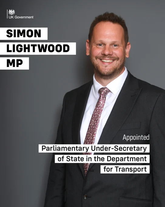 Simon Lightwood MP appointed Parliamentary Under-Secretary of State in the Department for Transport. Image of Simon Lightwood.