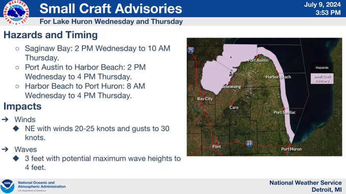 This graphic shows a Small Craft Advisory is in effect for the nearshore areas of Lake Huron on Wednesday and Thursday. The Small Craft Advisory will be in effect from 2PM Wednesday-10AM Thursday for Saginaw Bay, 2PM Wednesday to 4PM Thursday for Port Austin to Harbor Beach, and 8AM Wednesday to 4PM Thursday for Harbor Beach to Port Huron  Northeast winds up to 25 knots possible with waves of 3 feet and max waves up to 4 feet.
