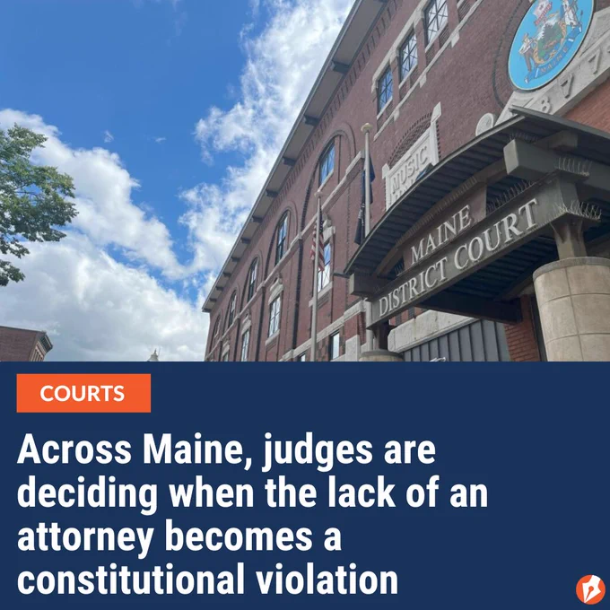 Photo of Lewiston District Court's brick facade plus headline: Across Maine, judges are deciding when the lack of an attorney becomes a constitutional violation
