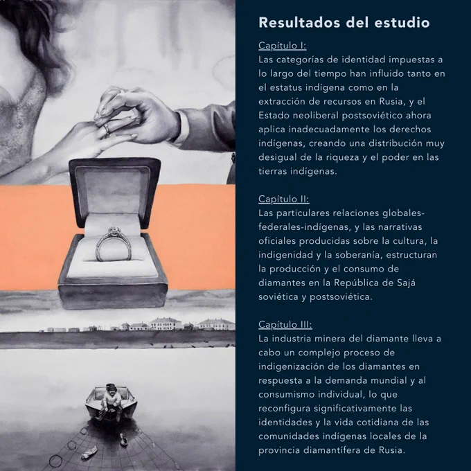 A la derecha de la diapositiva aparece escrito en negrita "Resultados del estudio". Debajo hay un texto que dice lo siguiente: “Capítulo I: Las categorías de identidad impuestas a lo largo del tiempo han influido tanto en el estatus indígena como en la extracción de recursos en Rusia, y el Estado neoliberal postsoviético ahora aplica inadecuadamente los derechos indígenas, creando una distribución muy desigual de la riqueza y el poder en las tierras indígenas. Capítulo II: Las particulares relaciones globales-federales-indígenas, y las narrativas oficiales producidas sobre la cultura, la indigenidad y la soberanía, estructuran la producción y el consumo de diamantes en la República de Sajá soviética y postsoviética.