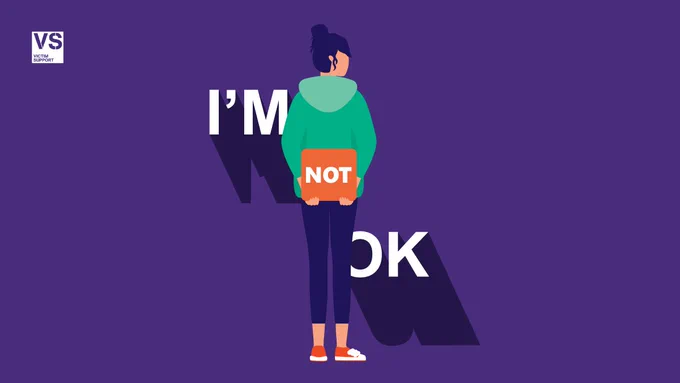 A graphic with purple background and someone with their back to the image. They are holding a sign which says 'not' and there are words either side of the person, so the message reads 'I'm not OK'