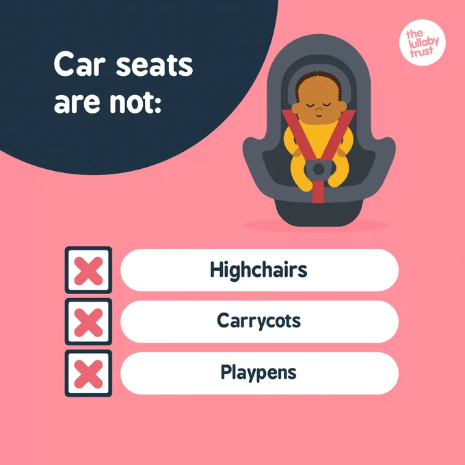 There is a baby asleep in a car seat. Text says 'Car seats are not high chairs, carrycots or playpens.