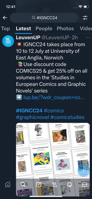 Photo of a tweet from Leuven Press offering 25% off comics studies books with the code COMICS25
