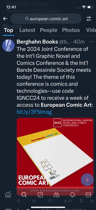Photo of a tweet from Berghahn books offering a week of free access to European Comic Art journal with code IGNCC24