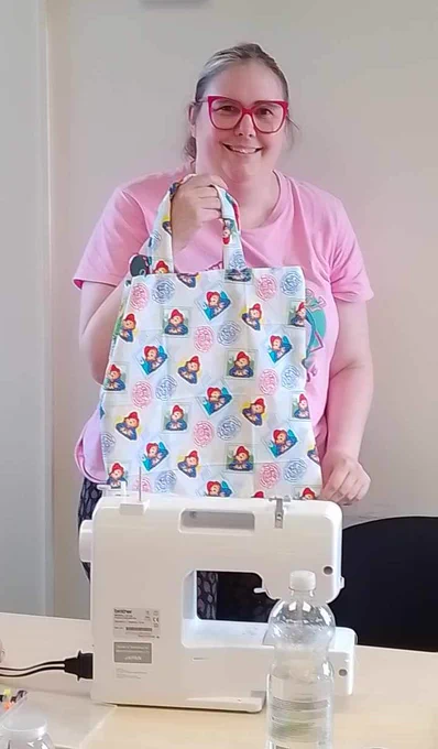 Lauren with her newly sewed Paddington bag