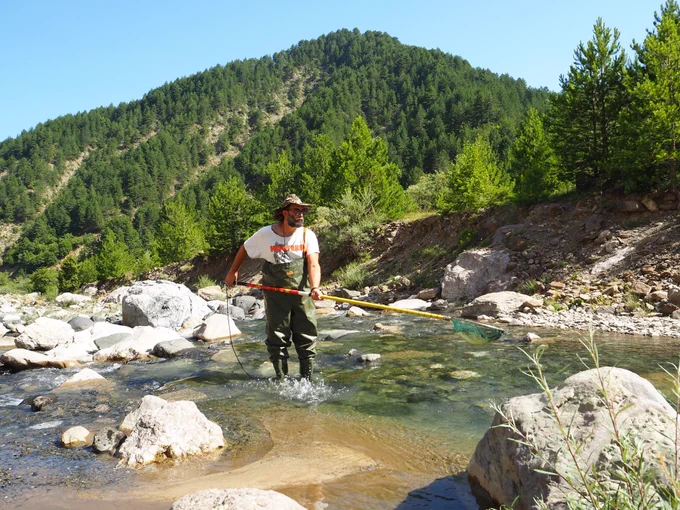 Fish expert Louis Vardakas on a tributary of the Sarantaporos.