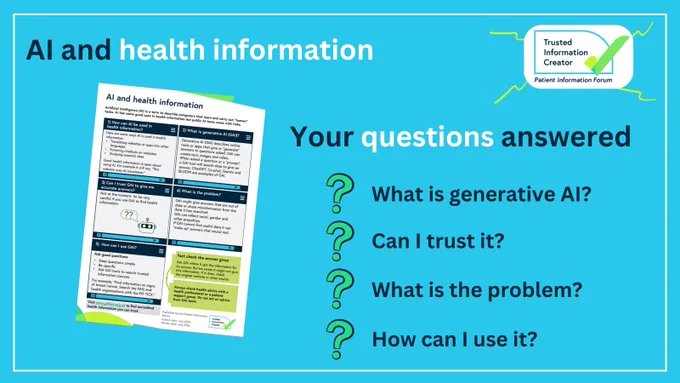 A bright blue background. In the top left text reads: AI and health information. In the top right is the PIF TICK logo. In the bottom left is a screenshot of the AI and health information poster. To the right, text reads: What is generative AI? Can I trust it? What is the problem? How can I use it?