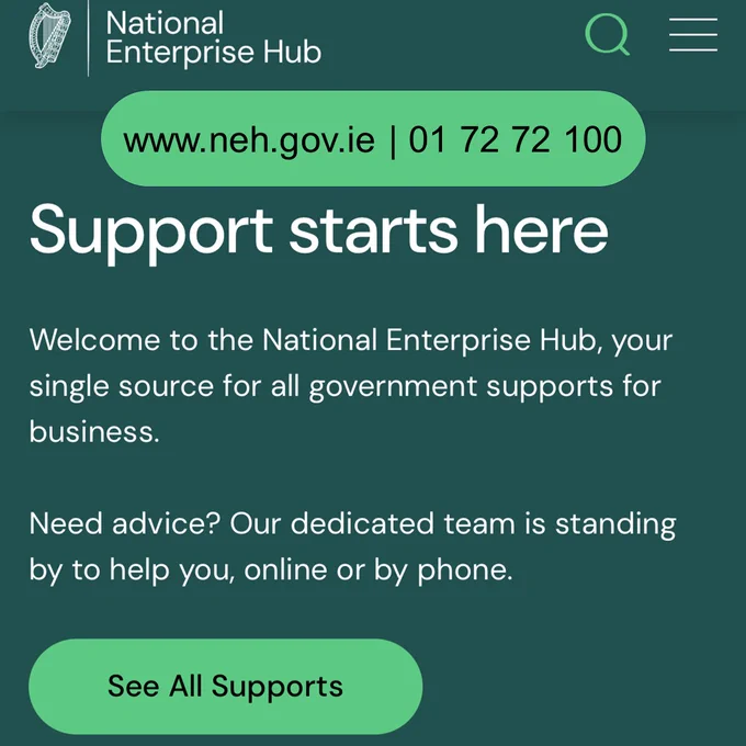 A screen shot of the website, the background is dark green and the text reads: National Enterprise Hub. www.neh.gov.ie 01 72 72 100. Support starts here. Welcome to the National Enterprise Hub, your single source for all government support for business. Need advice? Our dedicated team is standing by to help you, online or by phone. 