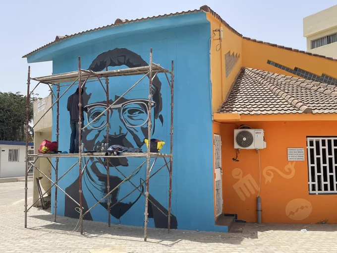 New mural of Cheikh Anta Diop, Université Cheikh Anta Diop, Dakar, Senegal. June 2024. Photo: Ruth Bush.