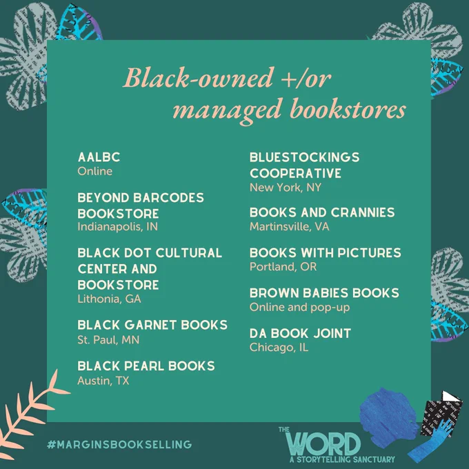 Green background with pink text “Black-Owned  /or managed bookstores.” Below is a list of the following bookstores: AALBC: Online, Beyond Barcodes Bookstore in Indianapolis, IN, Black Dot Cultural Center and Bookstore in Lithonia, GA, Black Garnet Books in St Paul, MN, Black Pearl Books in Austin, TX, Bluestockings Cooperative in New York. NY, Books and Crannies in Martinsville, VA, Books With Pictures in Portland, OR, Brown Babies Books found Online and Pop-Ups, Da Book Joint in Chicago, IL, Casita Bookstore, Long Beach, CA.